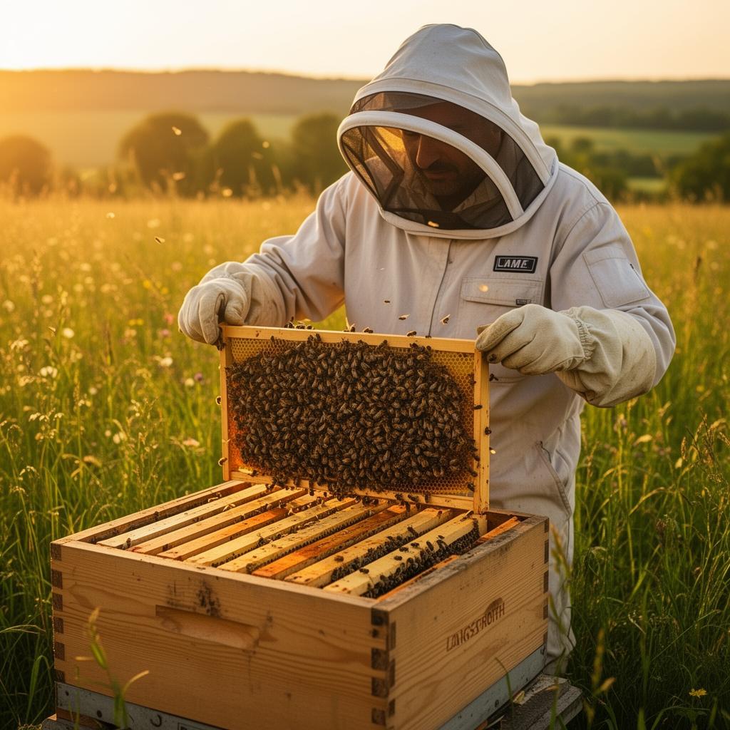 Beekeeper inspecting a hive frame at golden hour in a Texas meadow